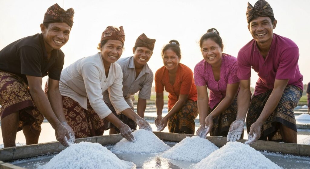 Balinese salt artisan team working in traditional salt fields