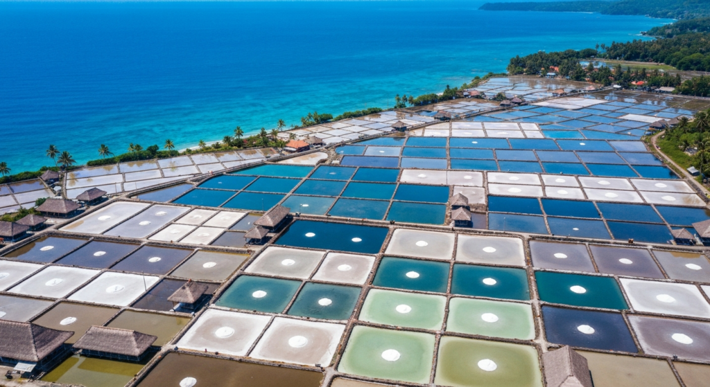 Aerial view of geometric salt evaporation ponds in Amed Bali with Indian Ocean coastline