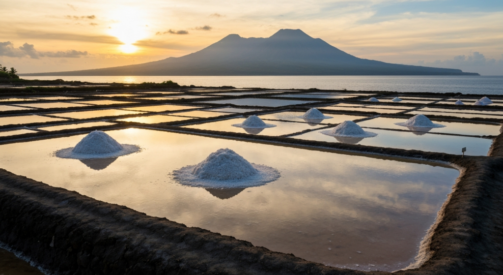 Traditional Balinese salt fields at golden hour sunrise in Amed with Indian Ocean and Mount Agung