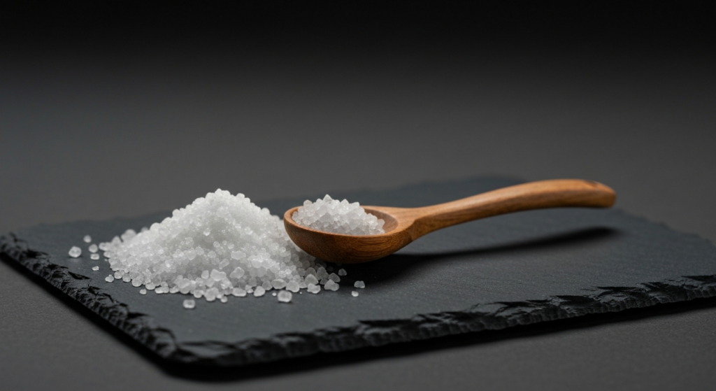 Premium white fleur de sel salt crystals on dark slate with wooden artisan spoon