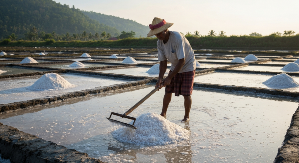 Balinese salt maker harvesting fleur de sel at dawn using traditional wooden tools in Amed