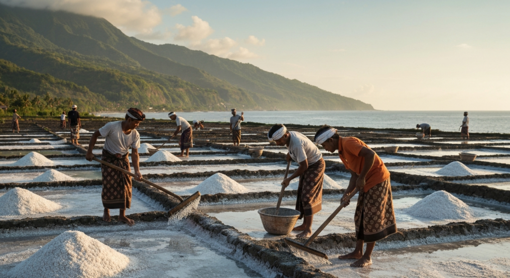 Salt field workers community in Amed Bali with Mount Agung and ocean backdrop