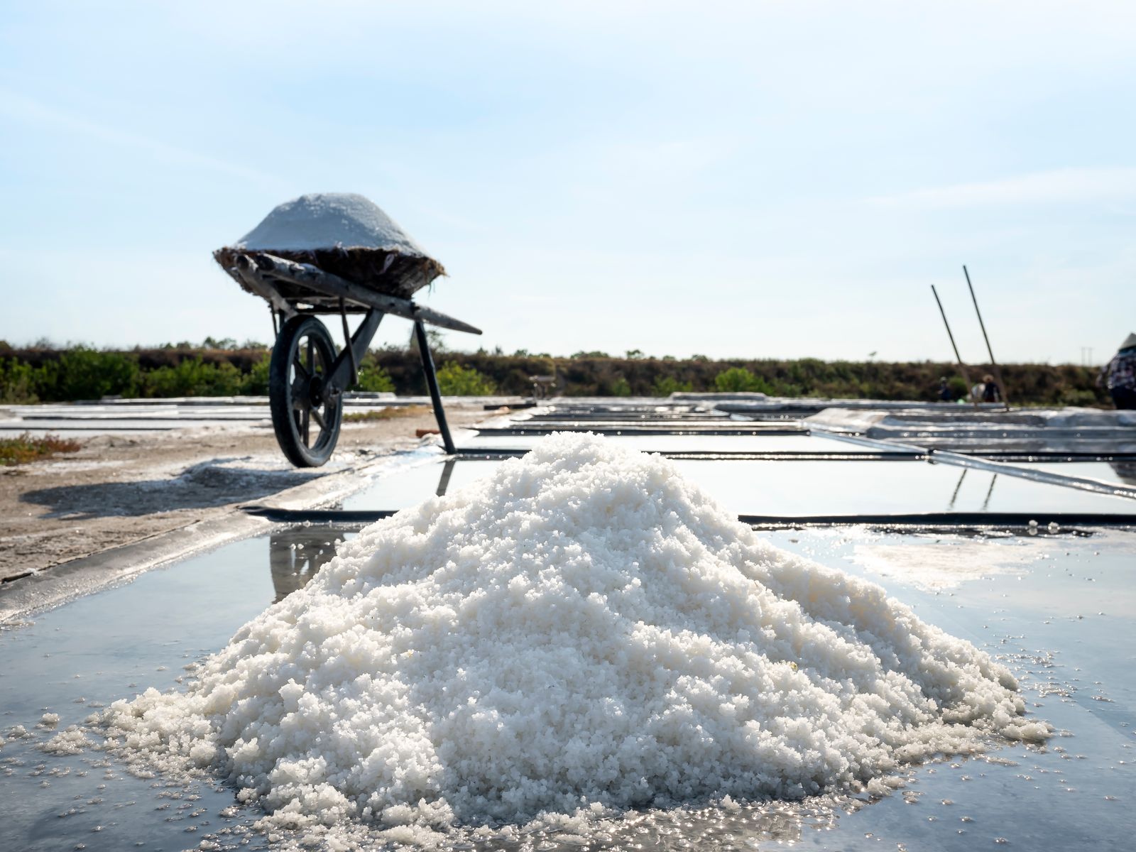 A wheelbarrow of fresh salt beside the pans