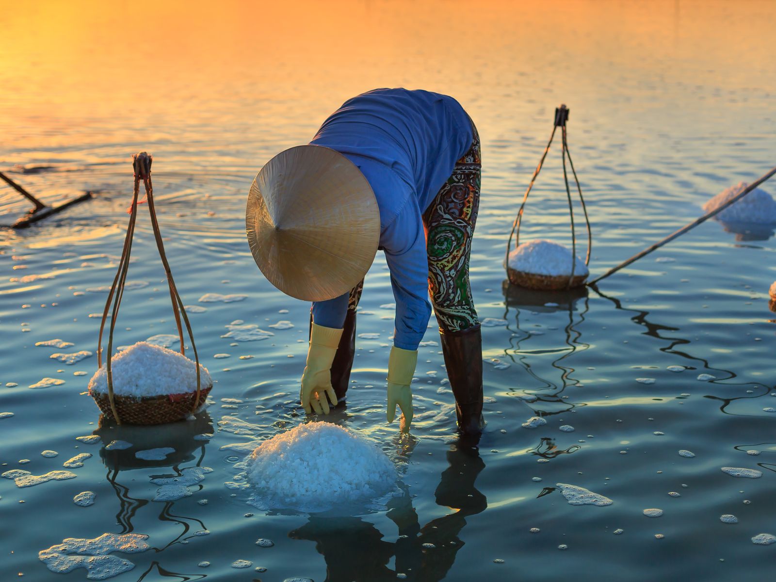 A farmer gathering salt in the morning reflection