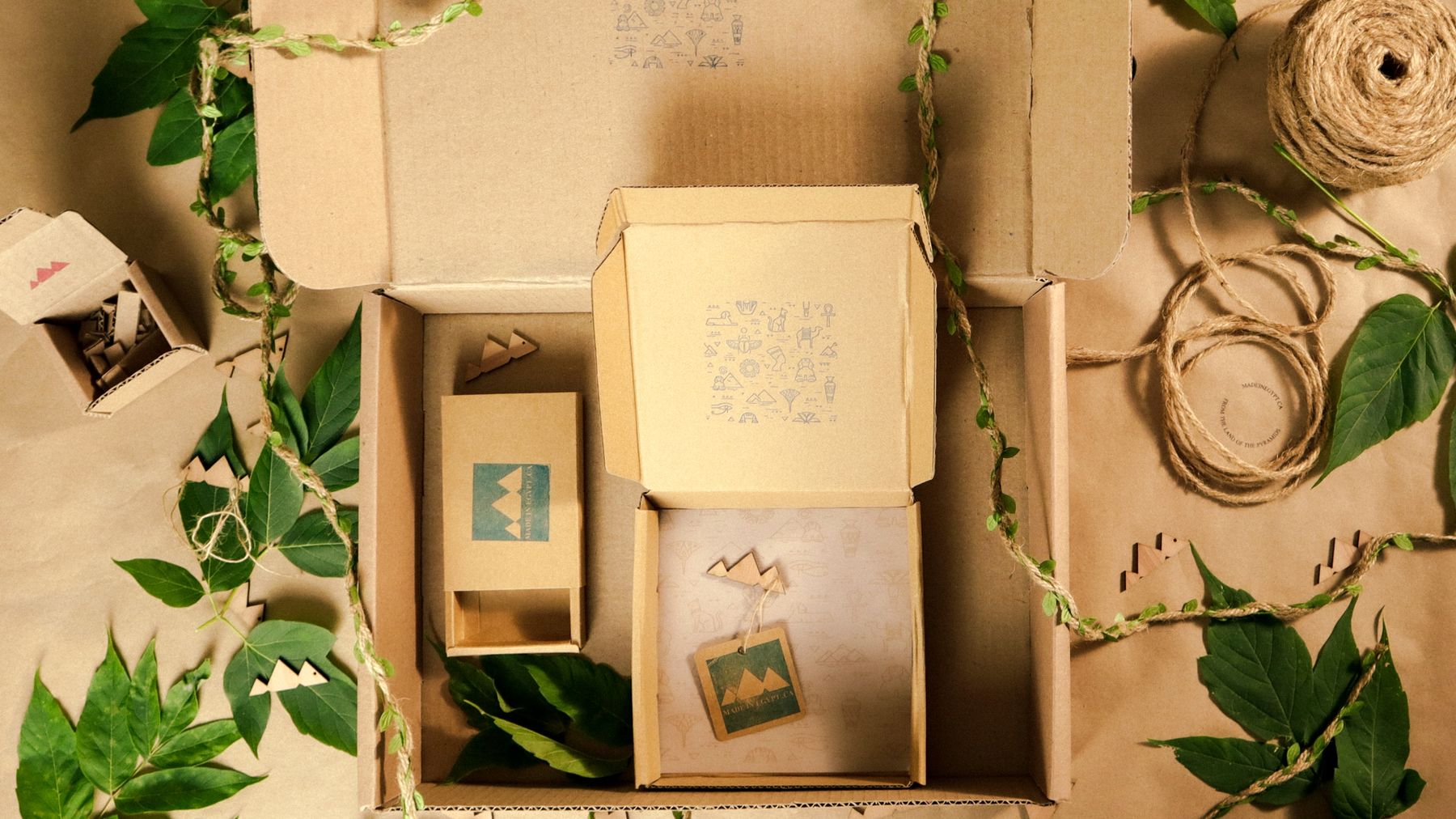 Natural kraft packaging laid out for shipping