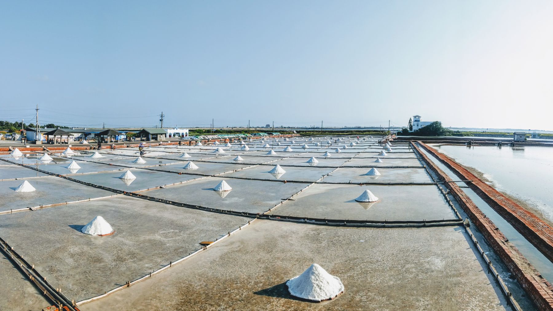 Wide view of working salt pans under open sky